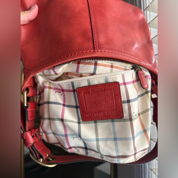 Coach Bleecker Tattersall Red Orange Leather Shoulder Bag - Picture 7 of 9